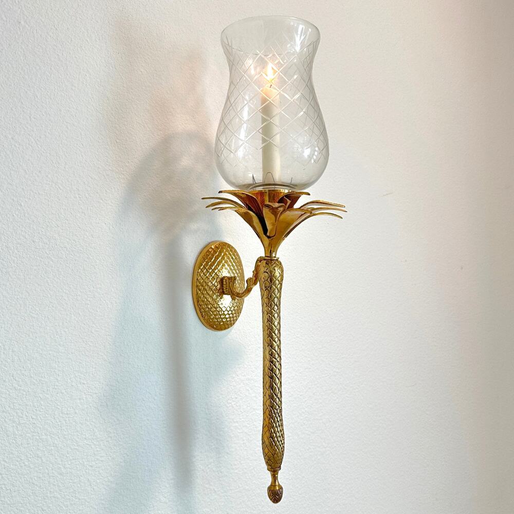 VINTAGE Brass Hollywood Regency Palm Tree Sconce with Cut Crystal Chimney Top